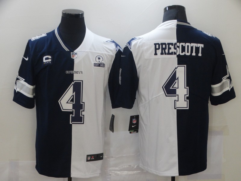 Cheap 2021 Men Dallas cowboys 4 Prescott Blue white Half version Nike NFL Jerseys